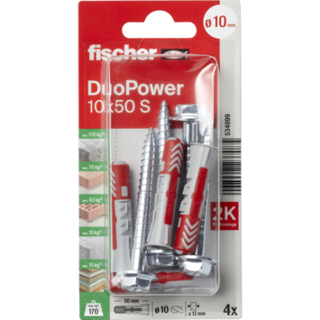 Fischer Universeelplug DuoPower 10x50mm met zeskantschroef 4 stuks