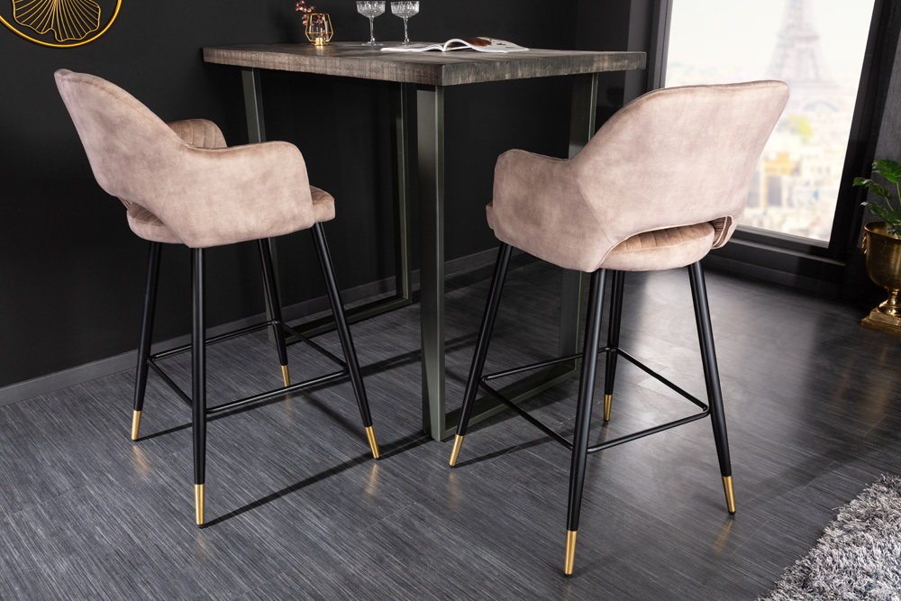 Design Barhocker PARIS greige Samt mit Lehne Metall schwarz gold Ziersteppung