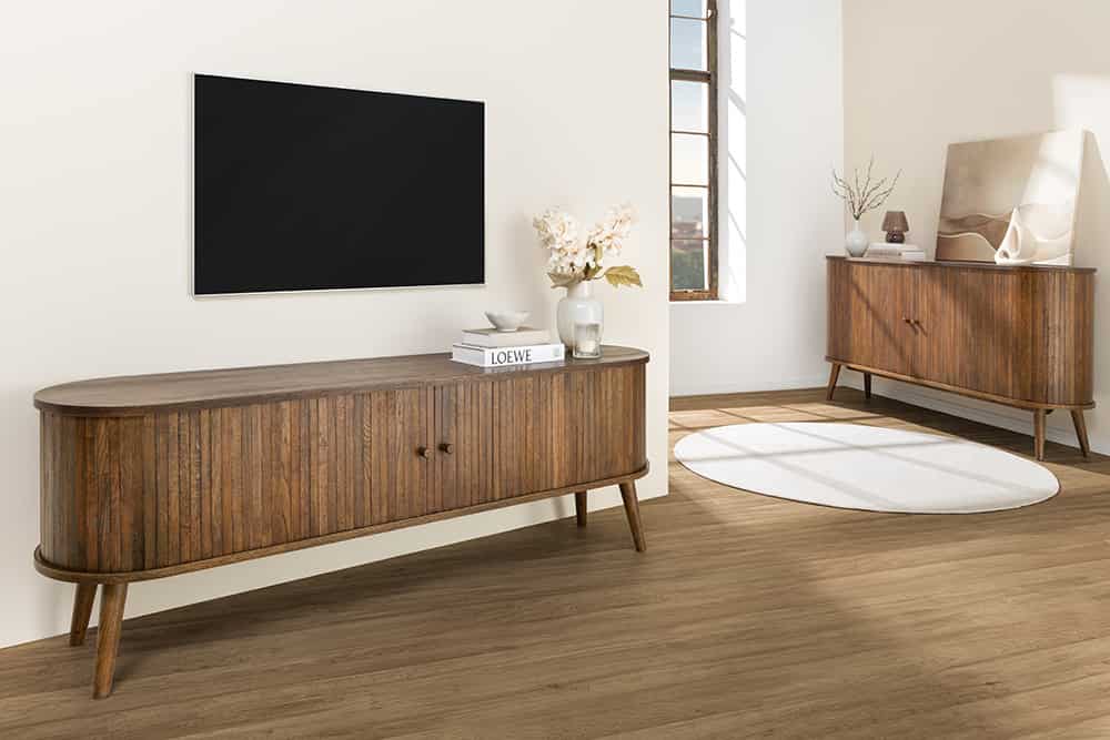 Retro TV-Board VALHALLA WOOD 160cm smoked Eichenholz Schiebetüren Lowboard