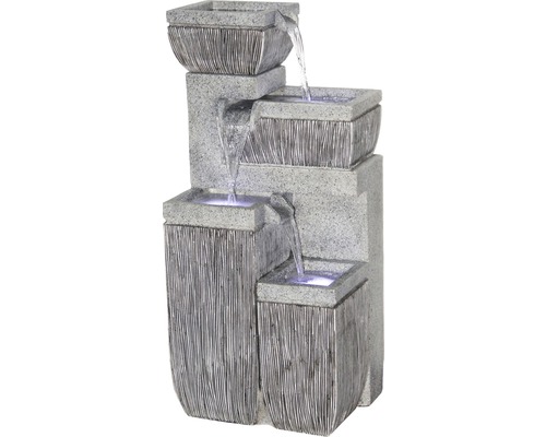 Design tuinfontein met 4 niveaus, 38,7 x 32,3 x 80,3 cm, kunststeen grijs, inclusief slang en pomp.