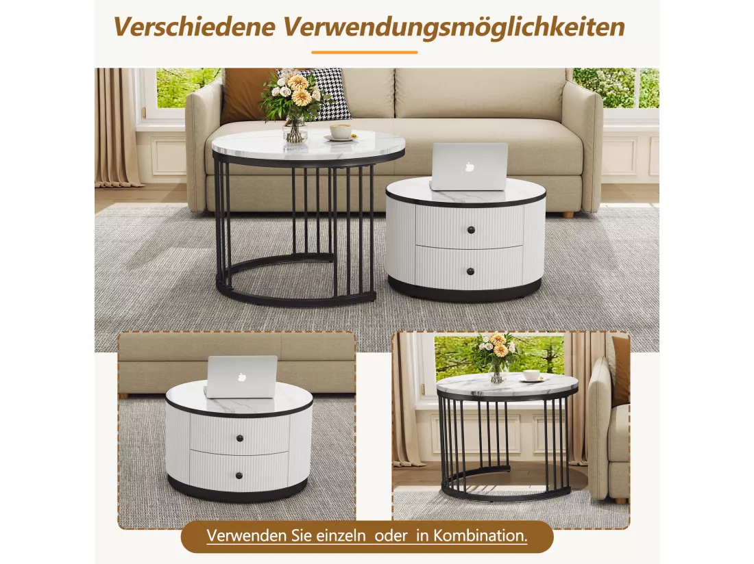 Lot de 2 tables basses gigognes avec 2 tiroirs - 60 x 60 x 45.5 cm + 50 x 50 x 32 cm - Aspect marbre brillant - MDF - Noir et blanc