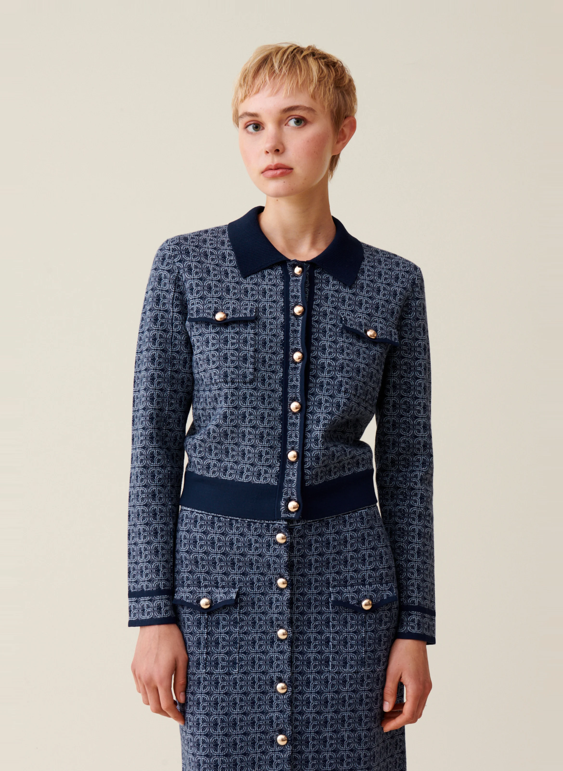 Cardigan droit monogramme| Bleu