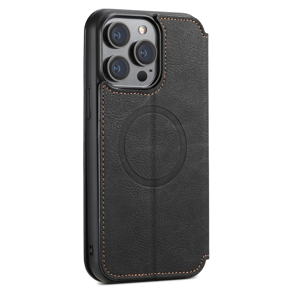 iPhone 14 Pro MagSafe Vintage Leder Tasche Flip Cover mit Kartenfächer - Schwarz