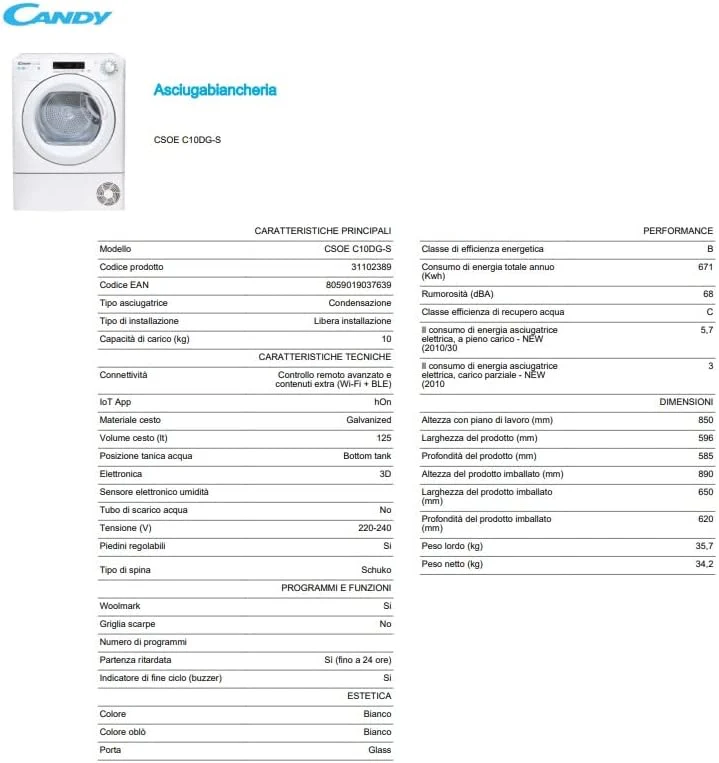CANDY sèche-linge condensation CSOEC10DG-S, capacité 10kg