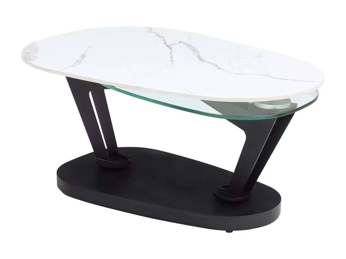 Table basse avec plateaux pivotants en céramique, verre trempé et métal - Effet marbre blanc - NADRYA de Maison Céphy