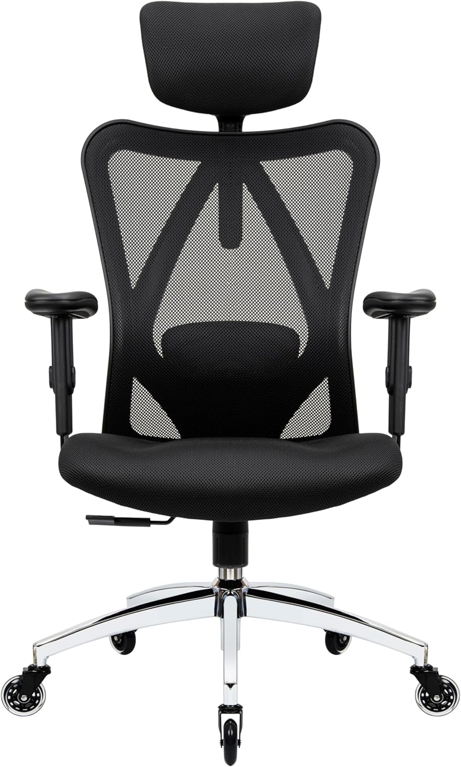 Ergonomischer Bürostuhl, verstellbarer Schreibtischstuhl mit Lendenwirbelstütze und Rollerbladen-Rollen, hohe Rückenlehne, atmungsaktives Netzgewebe, dickes Sitzkissen, Kopf- und Armlehnen