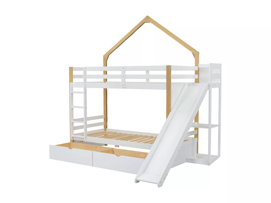 Lit superposé 90x200 cm - en bois de pin et MDF - avec LED, 2 tiroirs, échelle et toboggan - Blanc