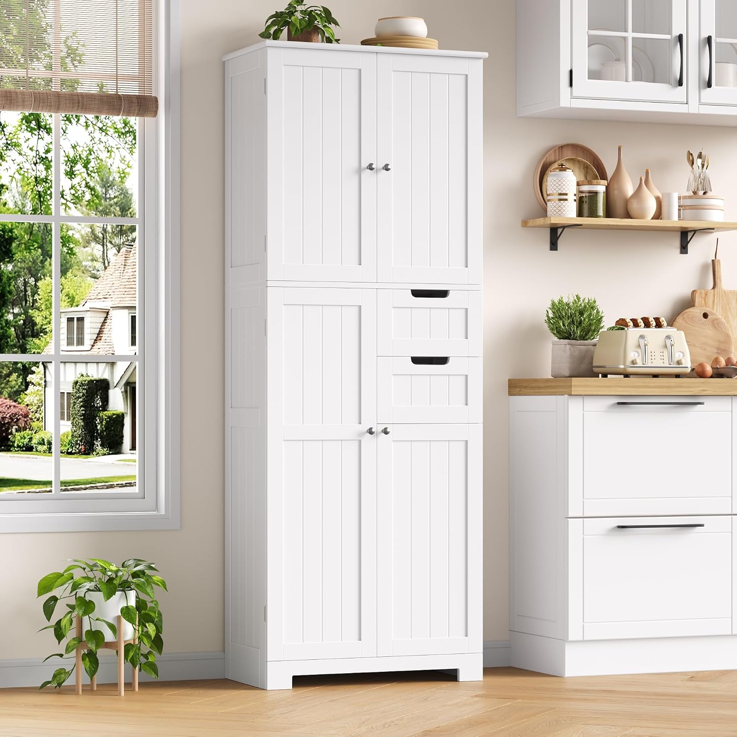 HOCSOK Badezimmerschrank Hoch, Badschrank Hochschrank mit 4 Türen und 2 Schubladen, Küchenschrank Hoch für Wohnzimmer Küche Esszimmer Büro, 164.5X 60x30cm, Weiß