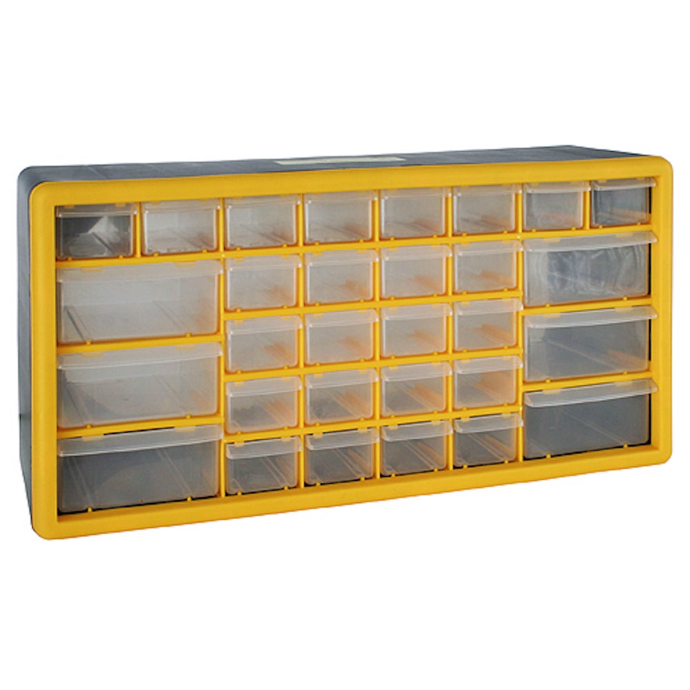 PROREGAL Cosimo opbergkast voor kleine onderdelen met 30 laden, grijs/geel, HxBxD 23 x 50 x 16 cm, plank voor kleine onderdelen, assortimentsdozen, plank voor assortimentskisten