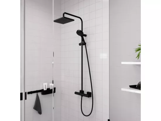 Colonne de douche thermostatique HANSGROHE Vernis Shape, économie d'eau noir mat + nettoyant Briochin