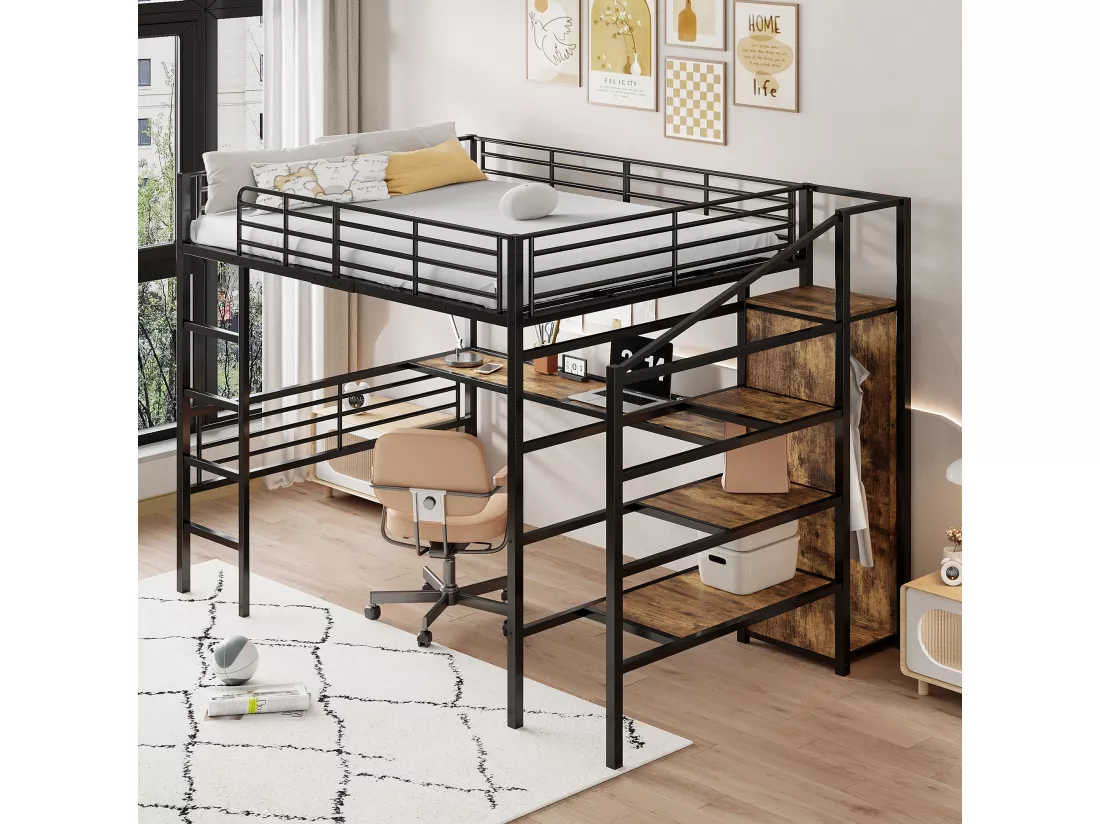 Lit mezzanine 140 x 200 cm avec bureau, armoire et marches de rangement - Métal + MDF - Noir (sans matelas)