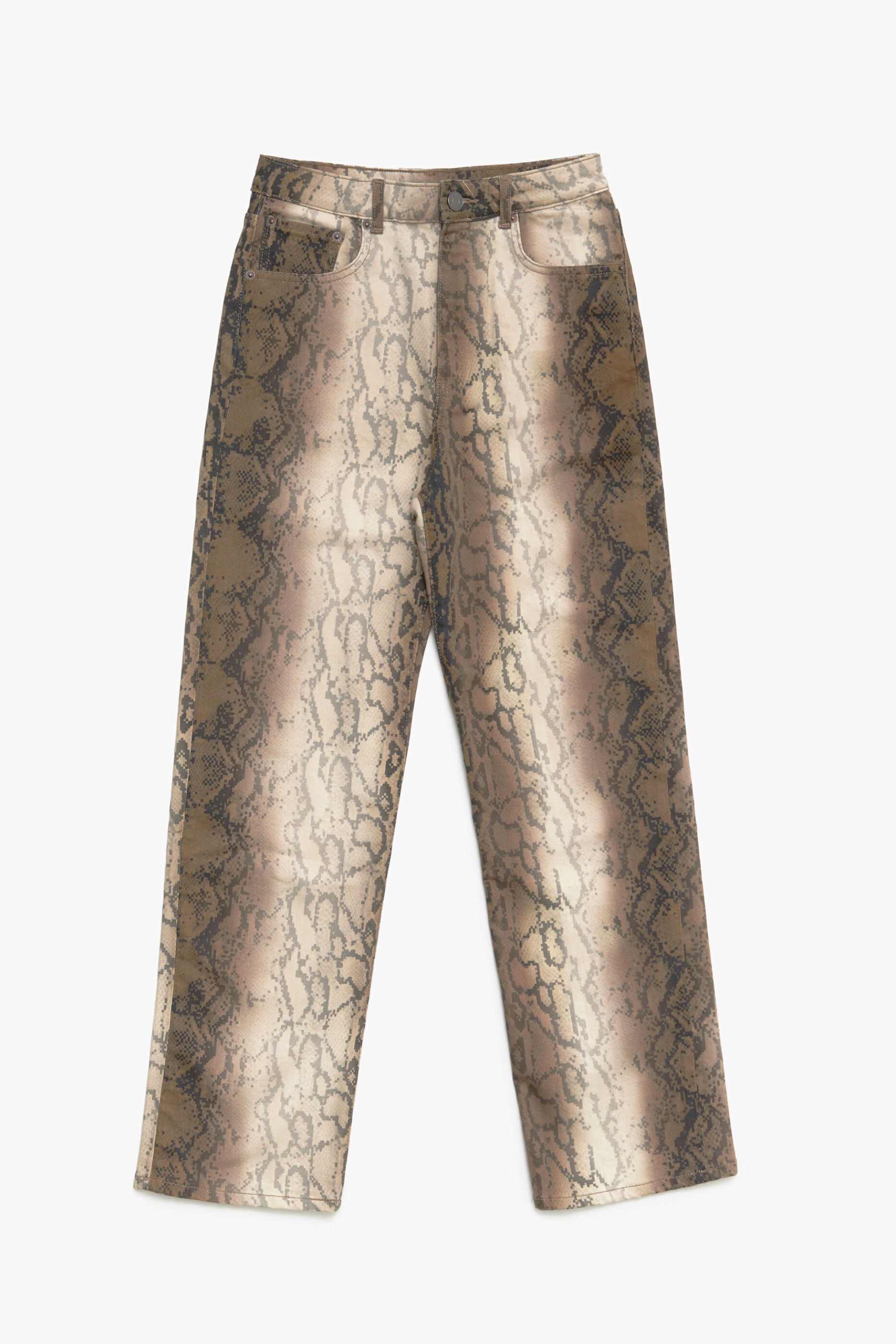 Calça jeans reta cropped - Estampa pixelada de píton cáqui