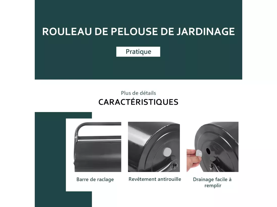 Rouleau à Gazon de Jardin 63 L avec Poignée en Acier Haute Résistance, Rempli d'eau & Sable - Ø 30 CM du Rouleau, Idéal pour Obtenir Une Pelouse Uniforme 114 x 90 x 30cm, Noir