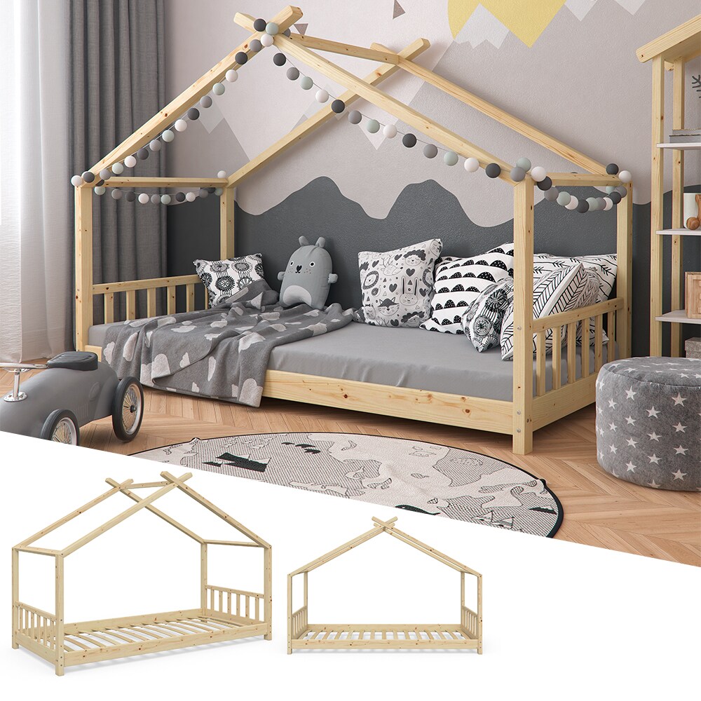 VitaliSpa Design Kinderbett Hausbett Natur Kinderhaus Holzbett 90x200 Massivholz