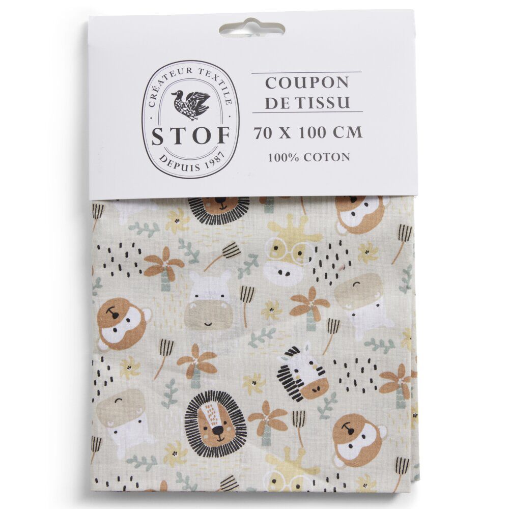 Coupon tissu imprimé Cokinou 70x100cm coton beige