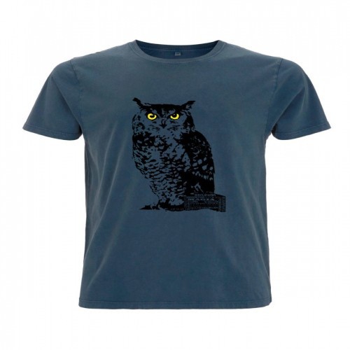 Camiseta masculina com estampa de coruja azul, totem animal.