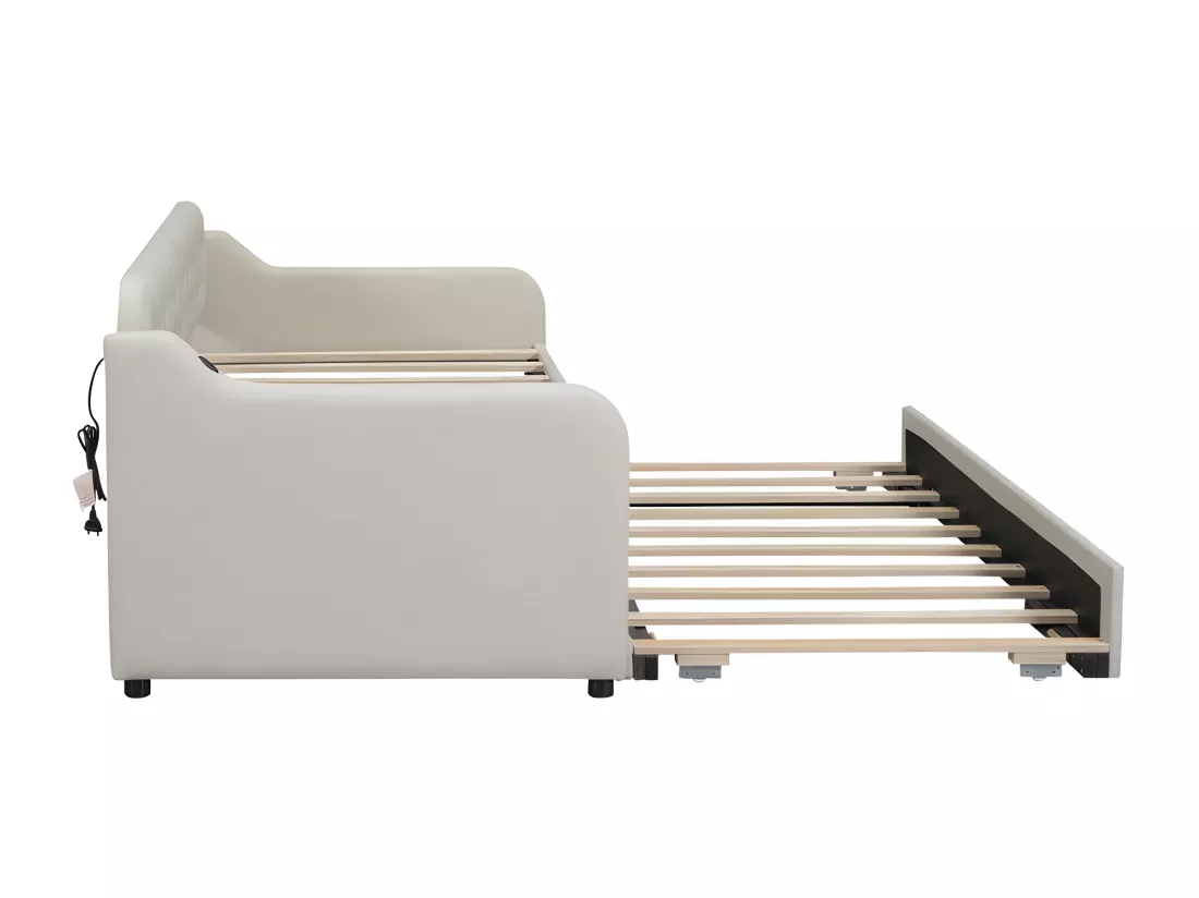 Lit gigogne 90x200cm - avec Port USB - tissu en Lin - Beige