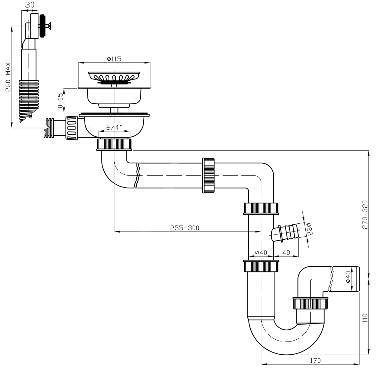 Bruckner ruimtebesparende sifon met overloop 6/4'' wit
