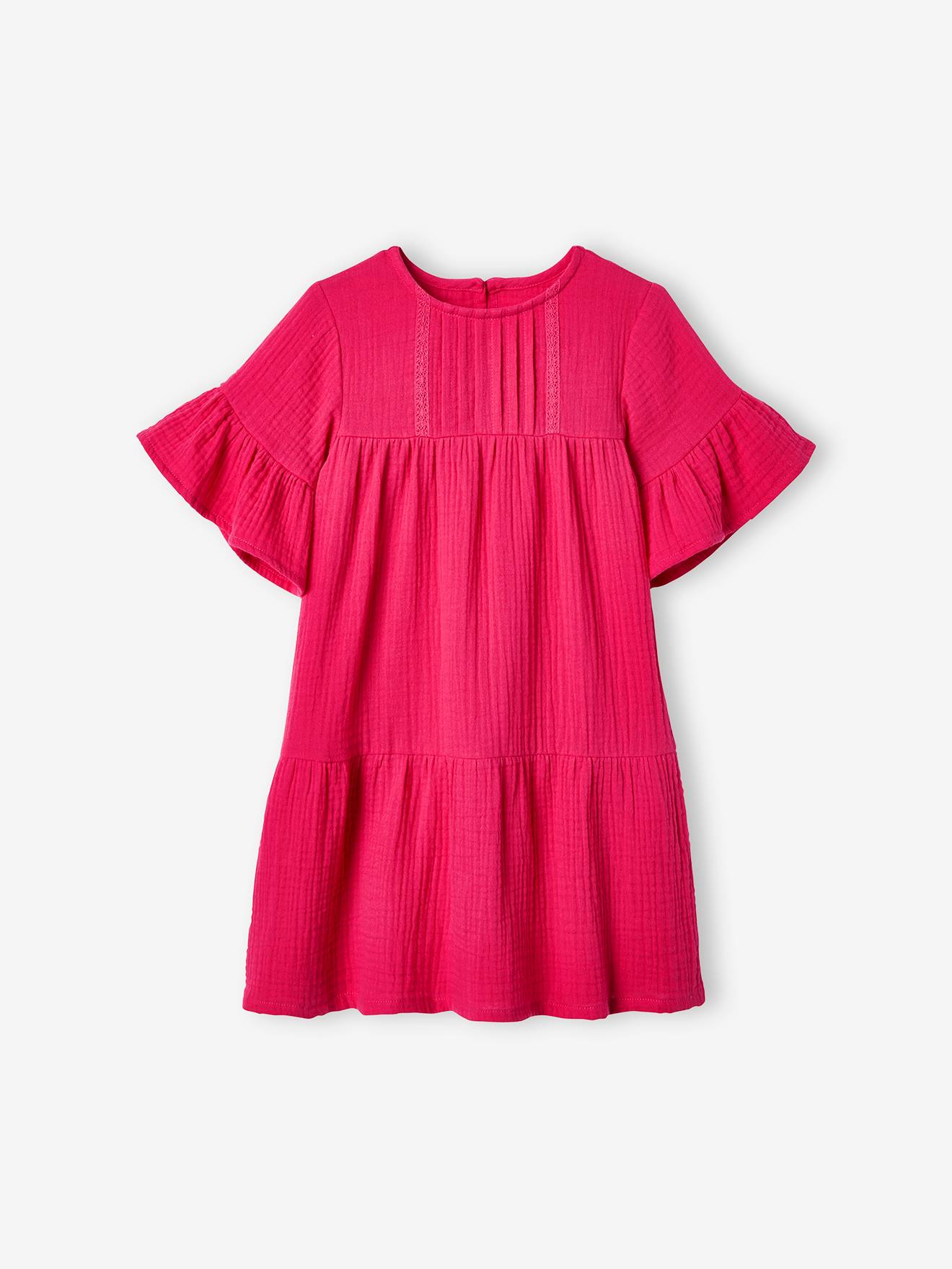 Vestido rosa framboesa em chiffon de algodão para meninas
