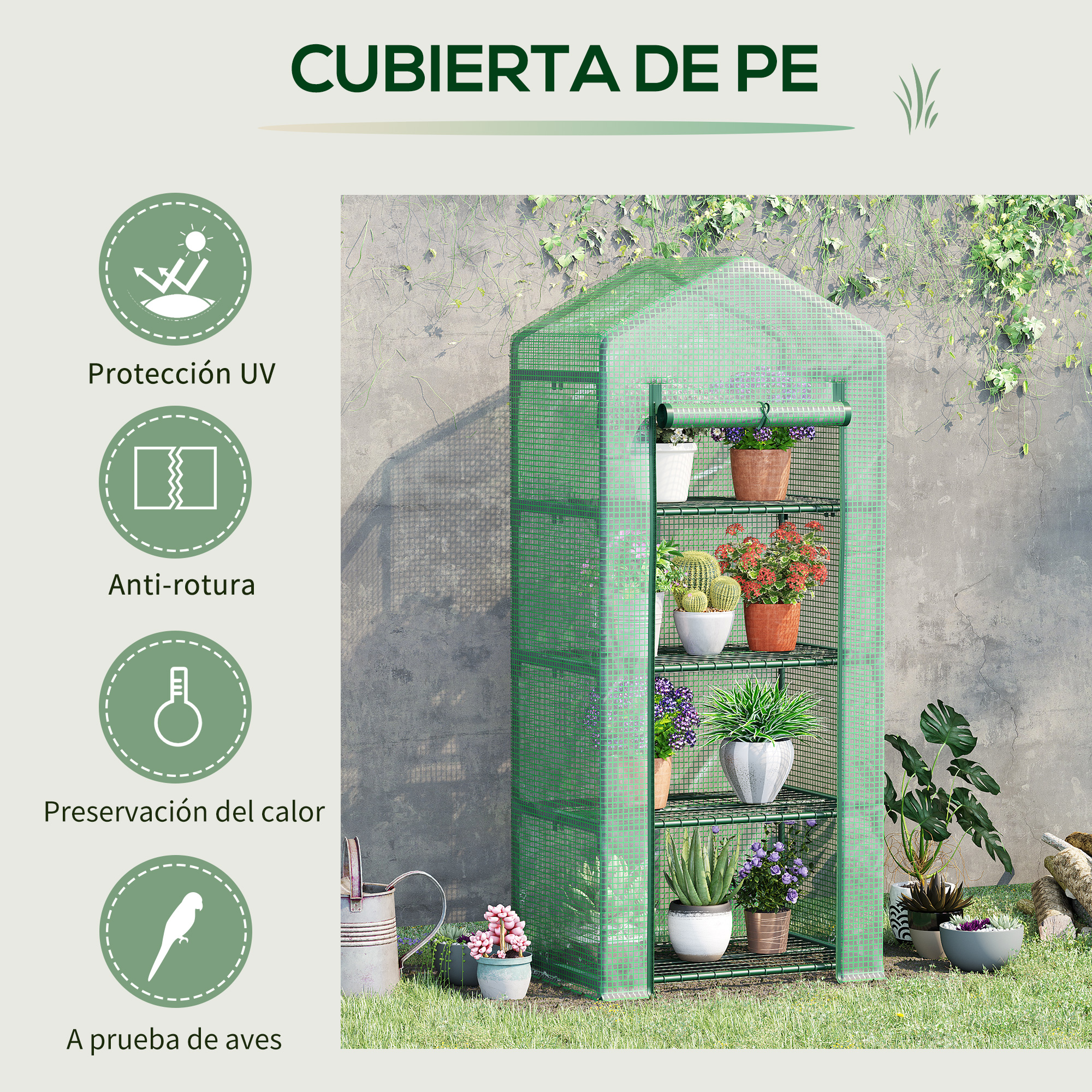 Estufa de jardim Outsunny com 4 prateleiras e cobertura de PE, tipo galpão com estrutura tubular de aço, ideal para cultivo de plantas, flores e vasos, 70x50x160 cm, verde.