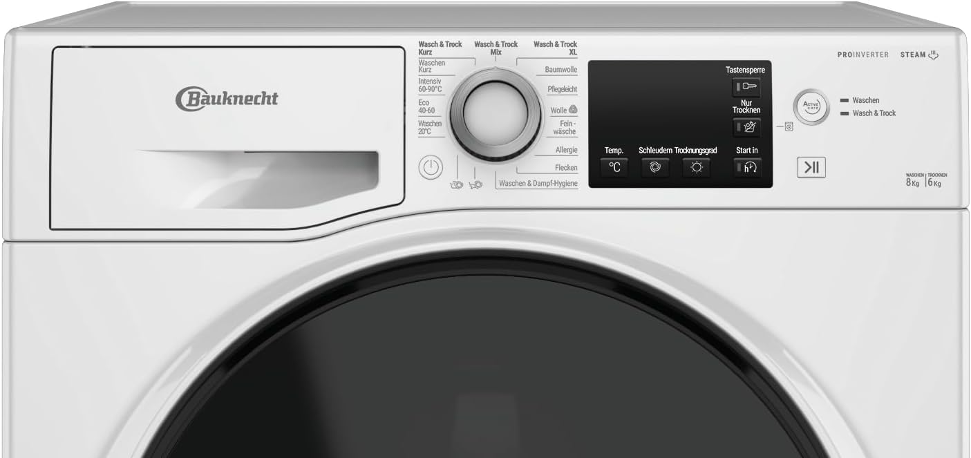 Bauknecht WATK Sense 86S 41 C Waschtrockner (8/6 kg)/ Active Care Color+/ Dynamic Inverter-Motor/Wolleprogramm/Mehrfachwasserschutz+/ Antiflecken- und Anti-Allergie-Programm/Waschen & Trocknen Kurz