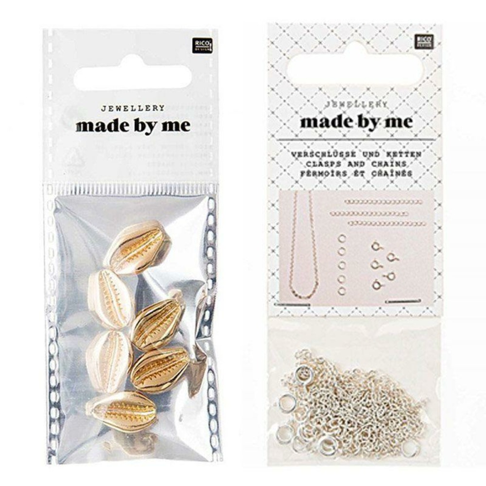 6 perles coquillages dorées + fermoirs fins et chaînes argentés