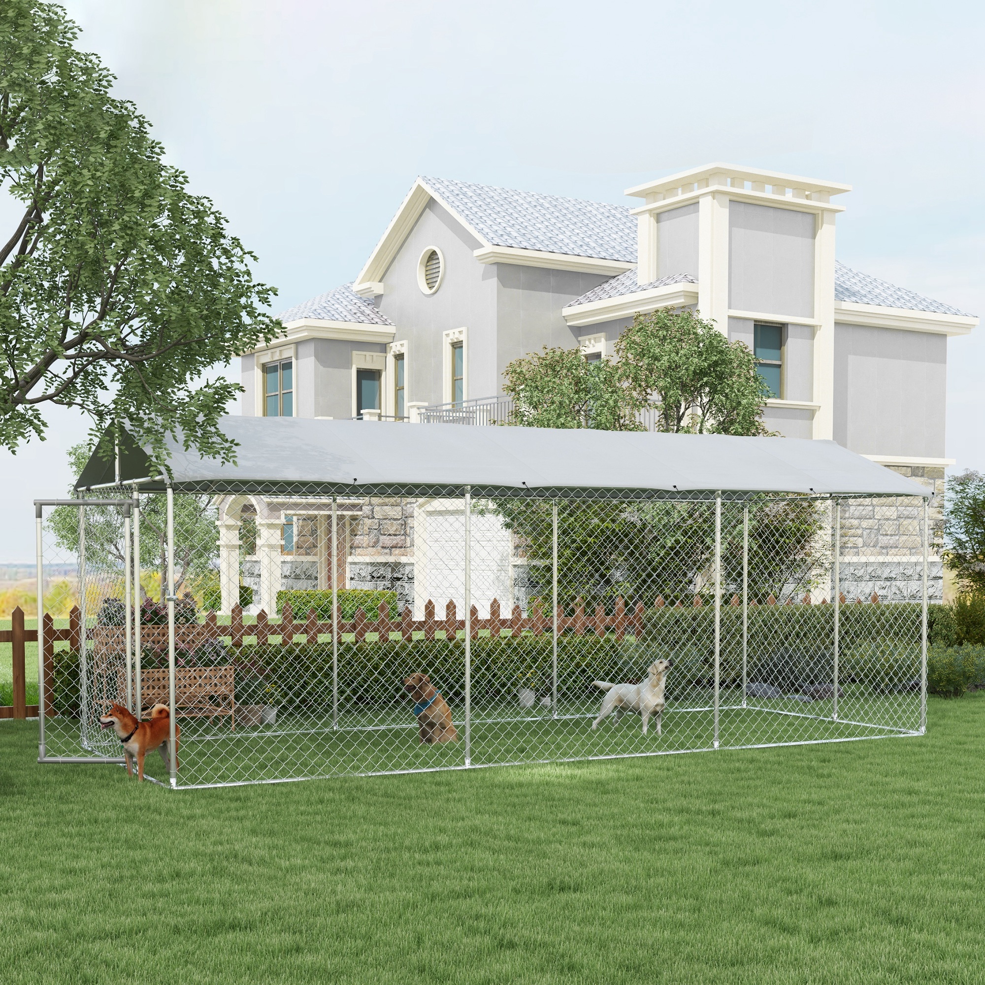 Canil externo PawHut para cães, com 1 porta, estrutura de aço, cobertura impermeável e resistente aos raios UV, 600x230x230 cm, prateado.