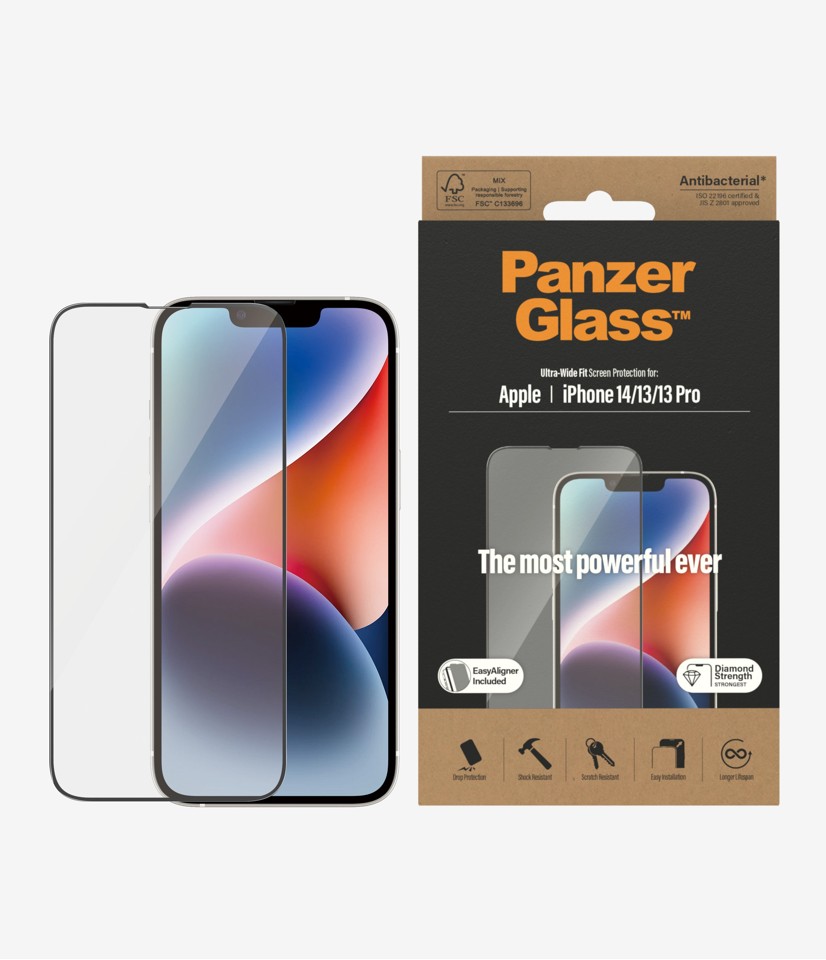 PanzerGlass - Skærmbeskyttelse Apple iPhone 14/13/13 Pro - Ultra-Wide Fit med EasyAligner