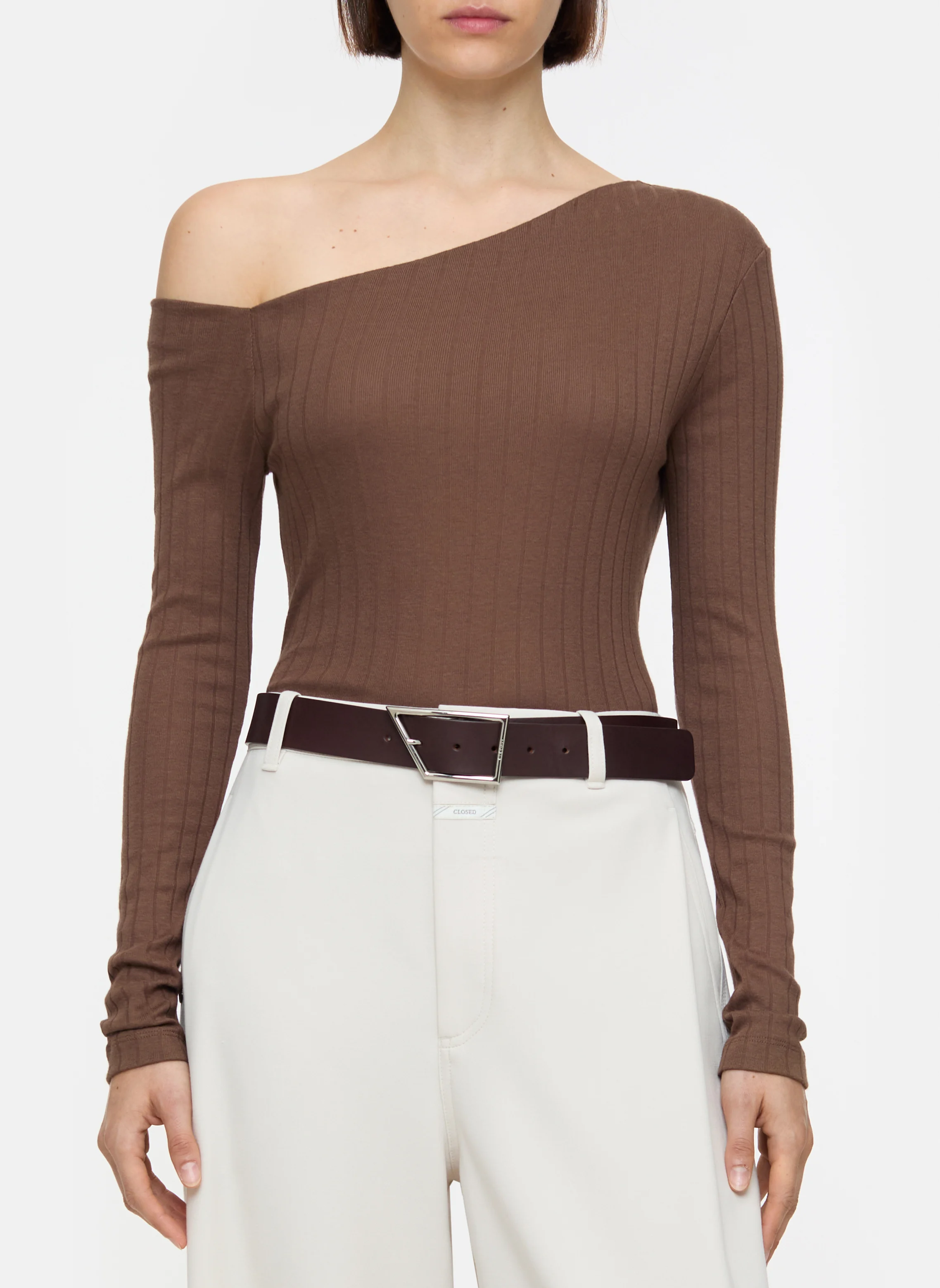 Top droit asymétrique en coton mélangé | Marron