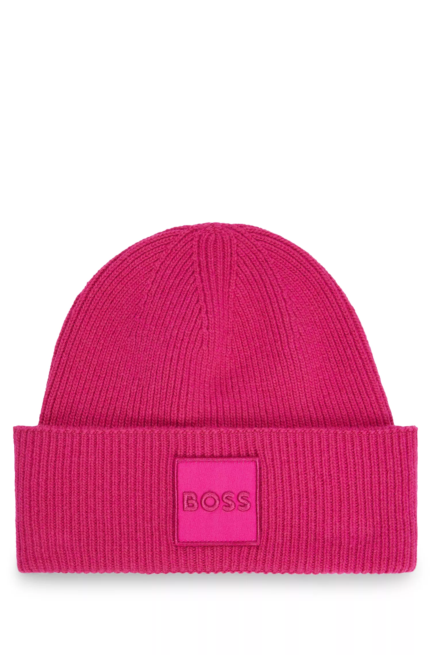 Gorro BOSS preto canelado com detalhe de logotipo em tom sobre tom