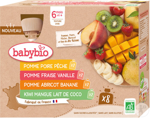 Babybio Multi-Parfums Gourdes Fruits Bébés 6+ Mois 4 Saveurs 8x90g