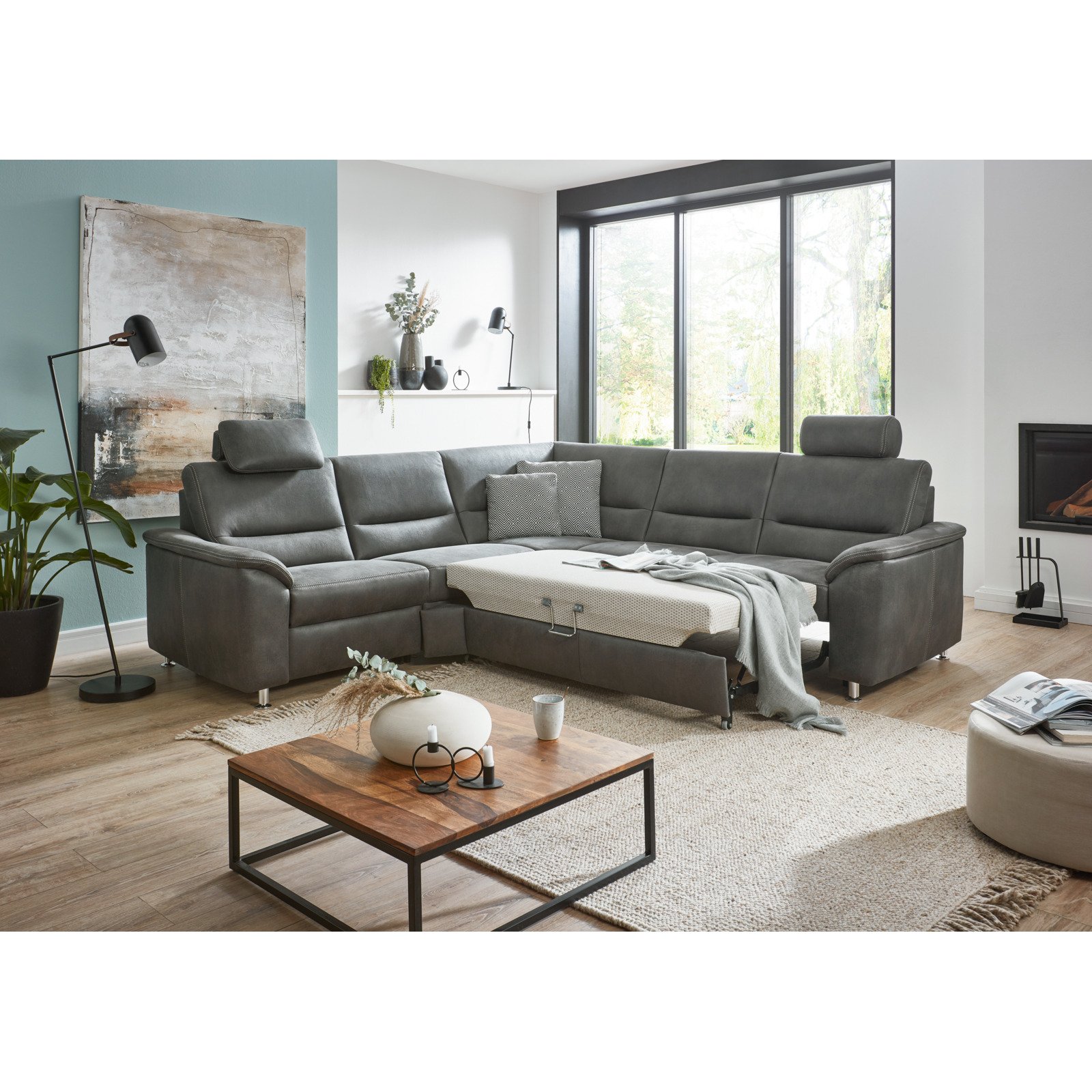 Ecksofa Bonn Stoff Denim, mit Funktionen