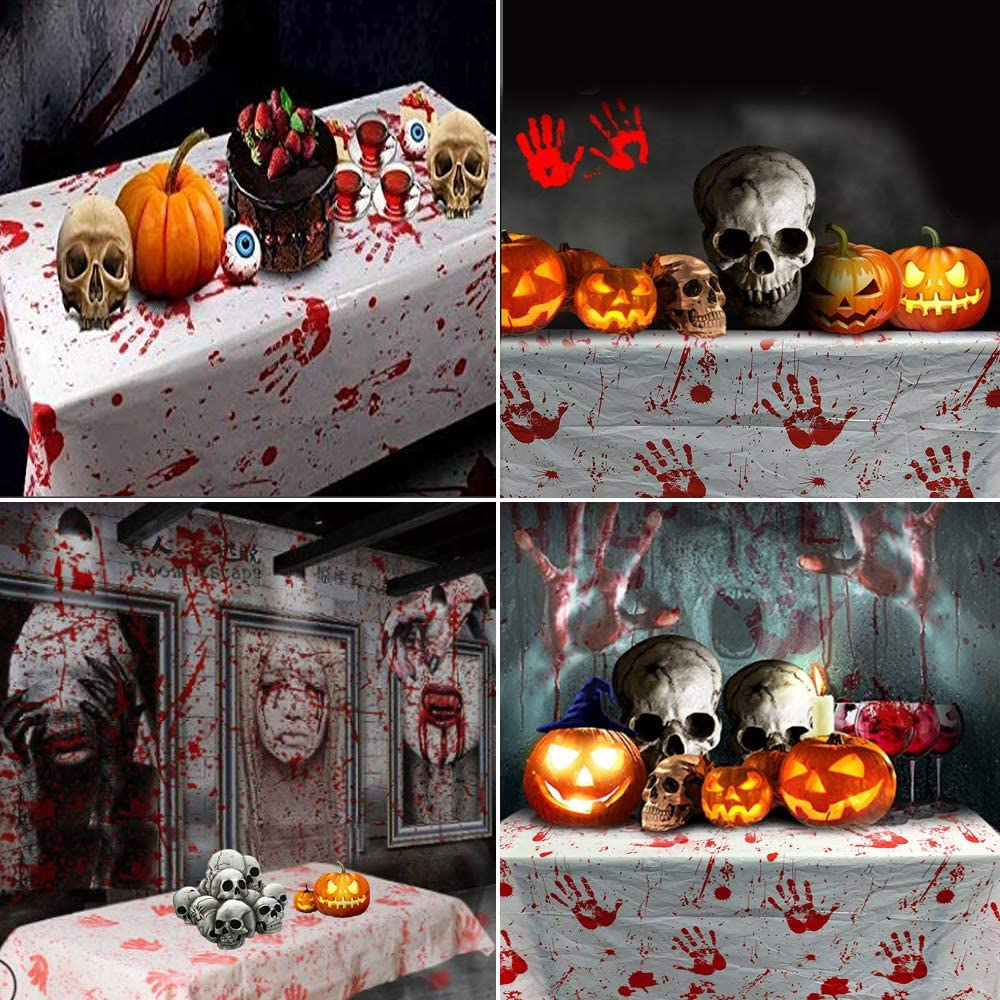 (110x180cm) Halloween Party Tischtuch Blutige Hände Tischdeko - Weiss / Rot