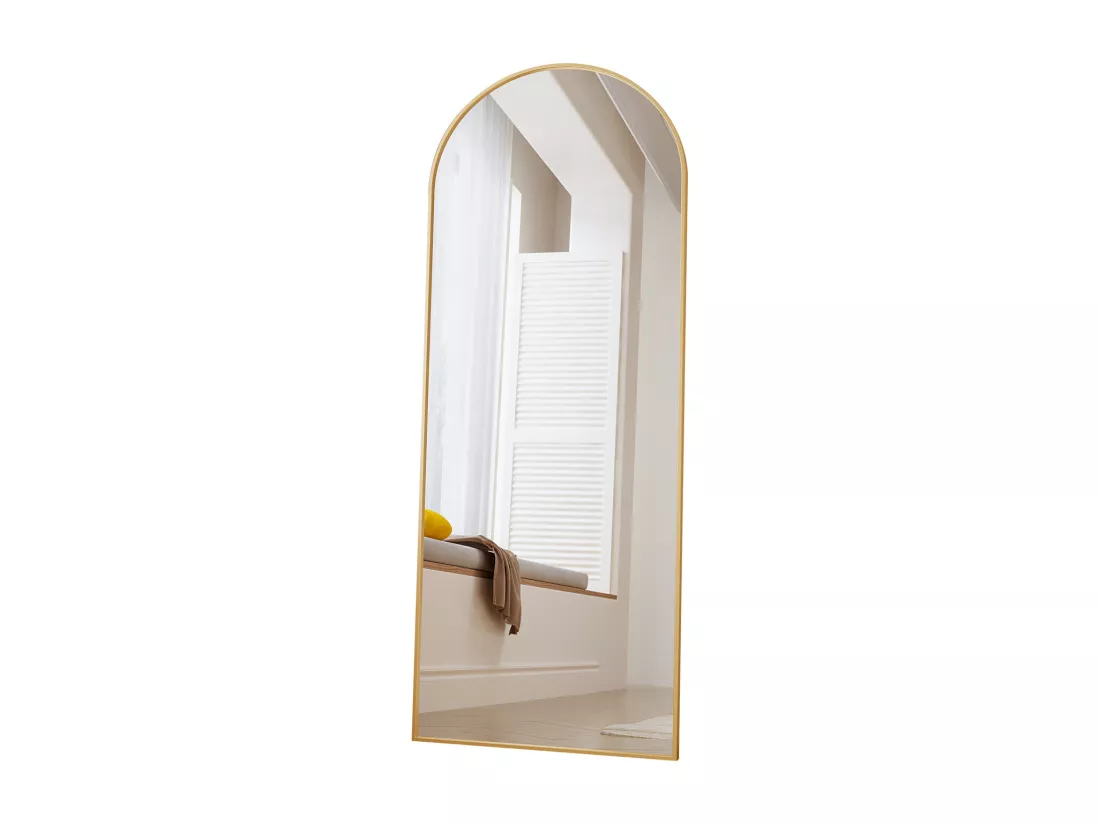 Miroir pleine longueur 165 x 60 cm, sur pied, suspendu ou appuyé, grand miroir de sol avec cadre en alliage d'aluminium doré pour salon ou chambre à coucher, Arc