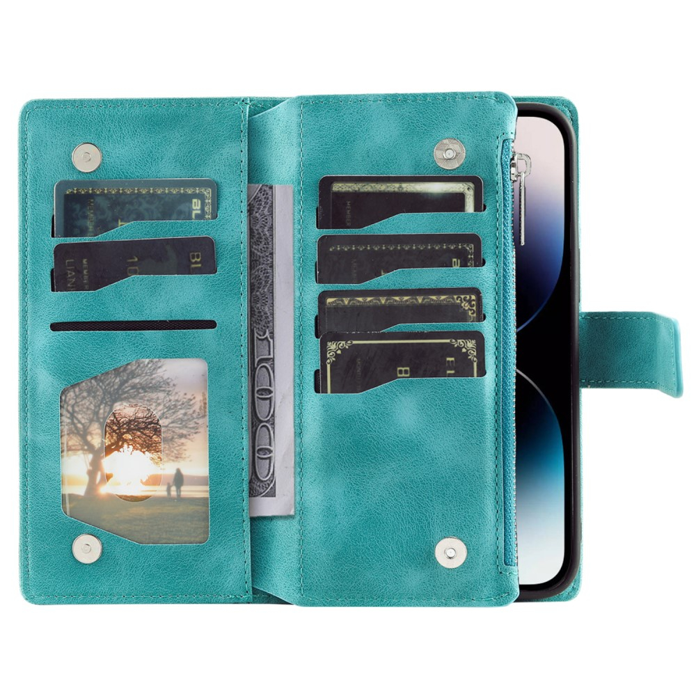 iPhone 16 Pro Leder Tasche Flip Cover mit Reissverschluss - Mandala Flowers Imprint - Türkis