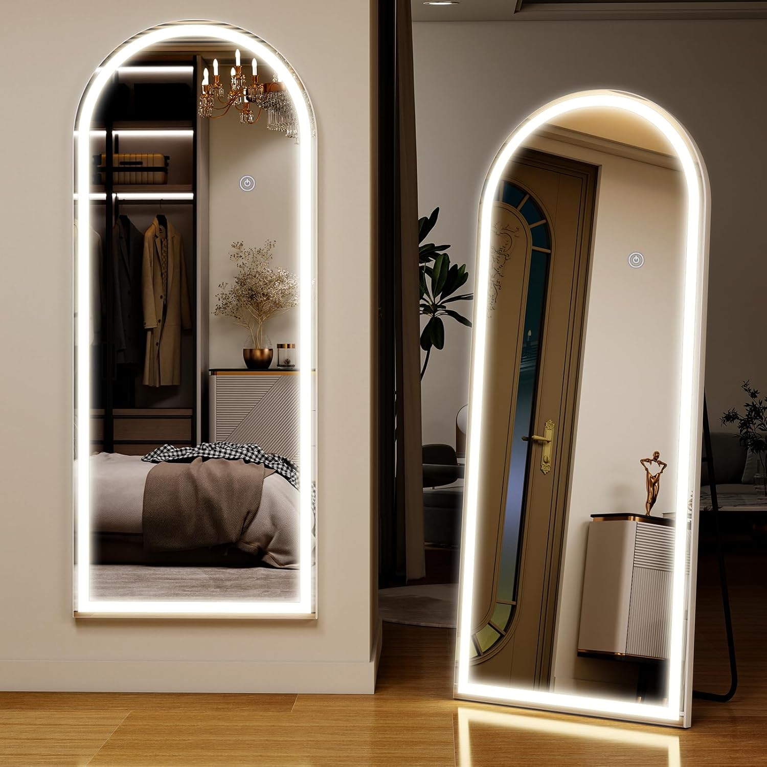 Koonmi 165x60cm LED Ganzkörperspiegel mit Licht - Bogenförmiger Stand und Anlegespiegel - Dimmbar, 3 Farbtemperaturen für Schlafzimmer, Ankleidezimmer