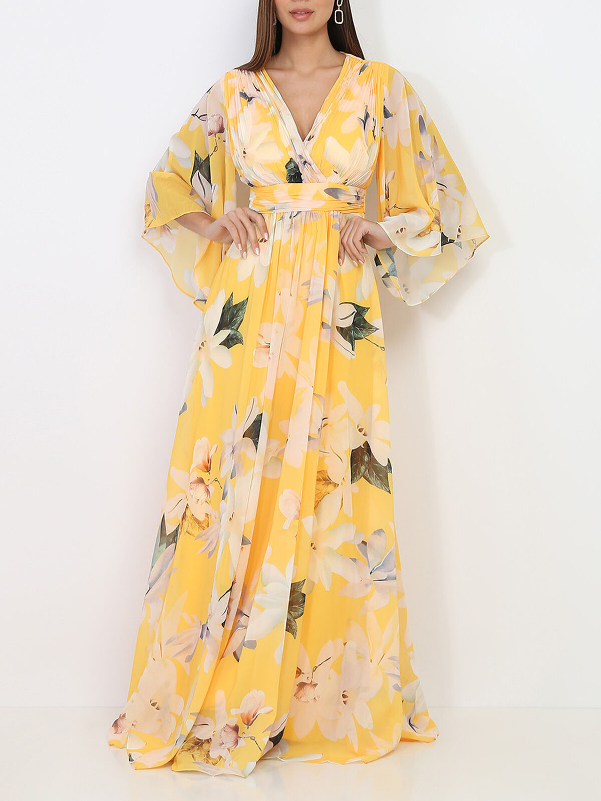 Robe longue plissée à fleurs- Jaune
