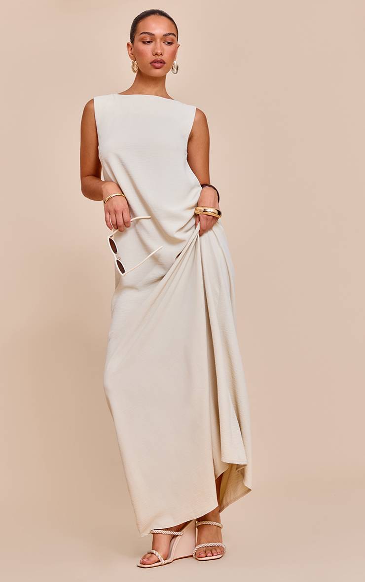 Crème Robe Maxi Sans Manches À Col Bateau Texturée