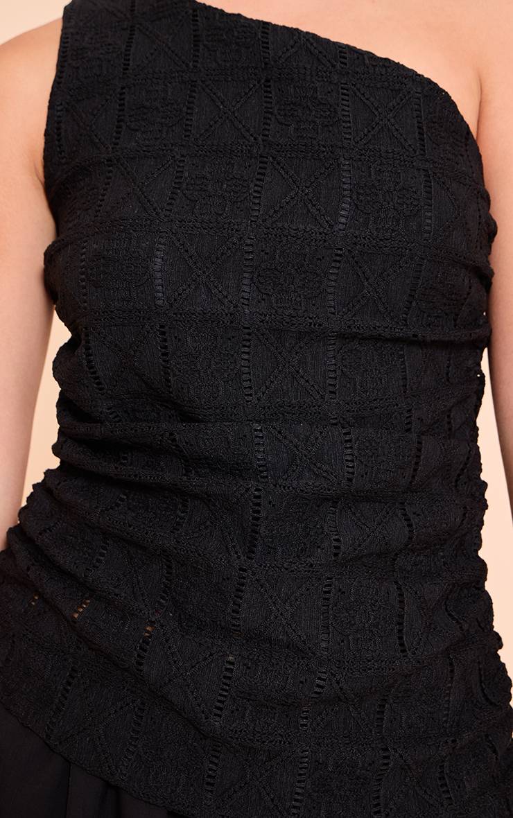 Noir Haut Froncé Asymétrique À Une Épaule En Crochet Texturé