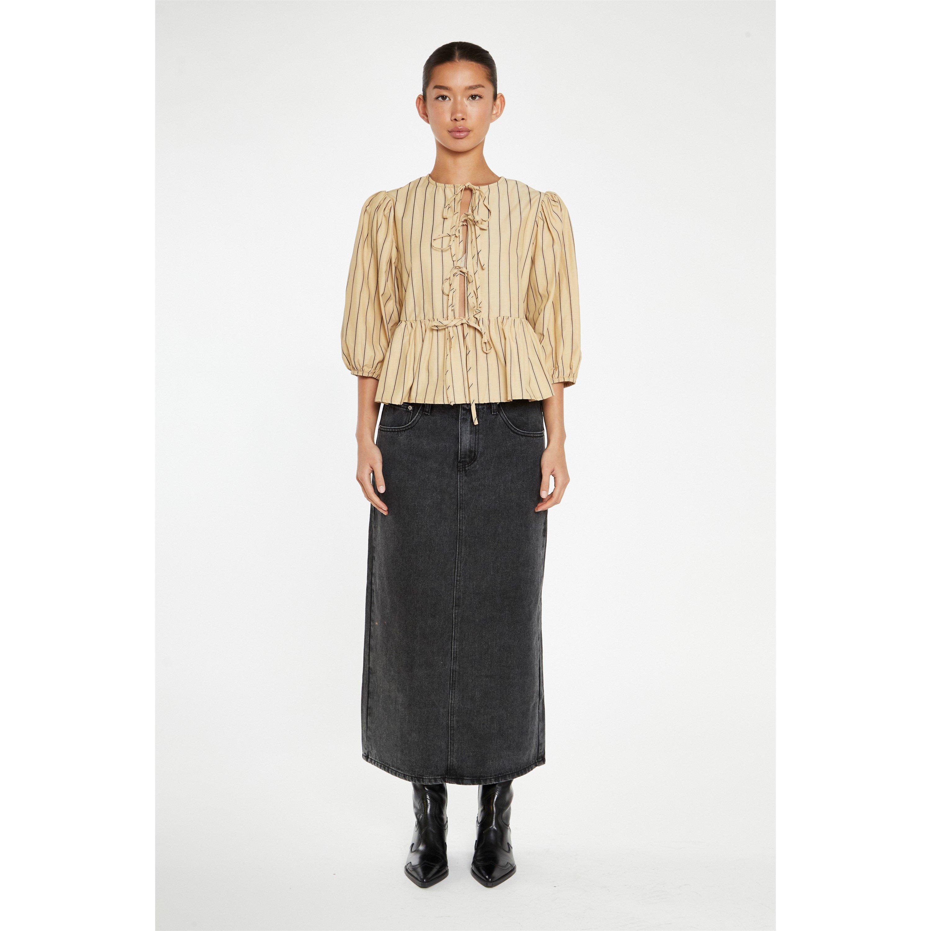Glamorous Beige Brown Stripe Tie Front Top