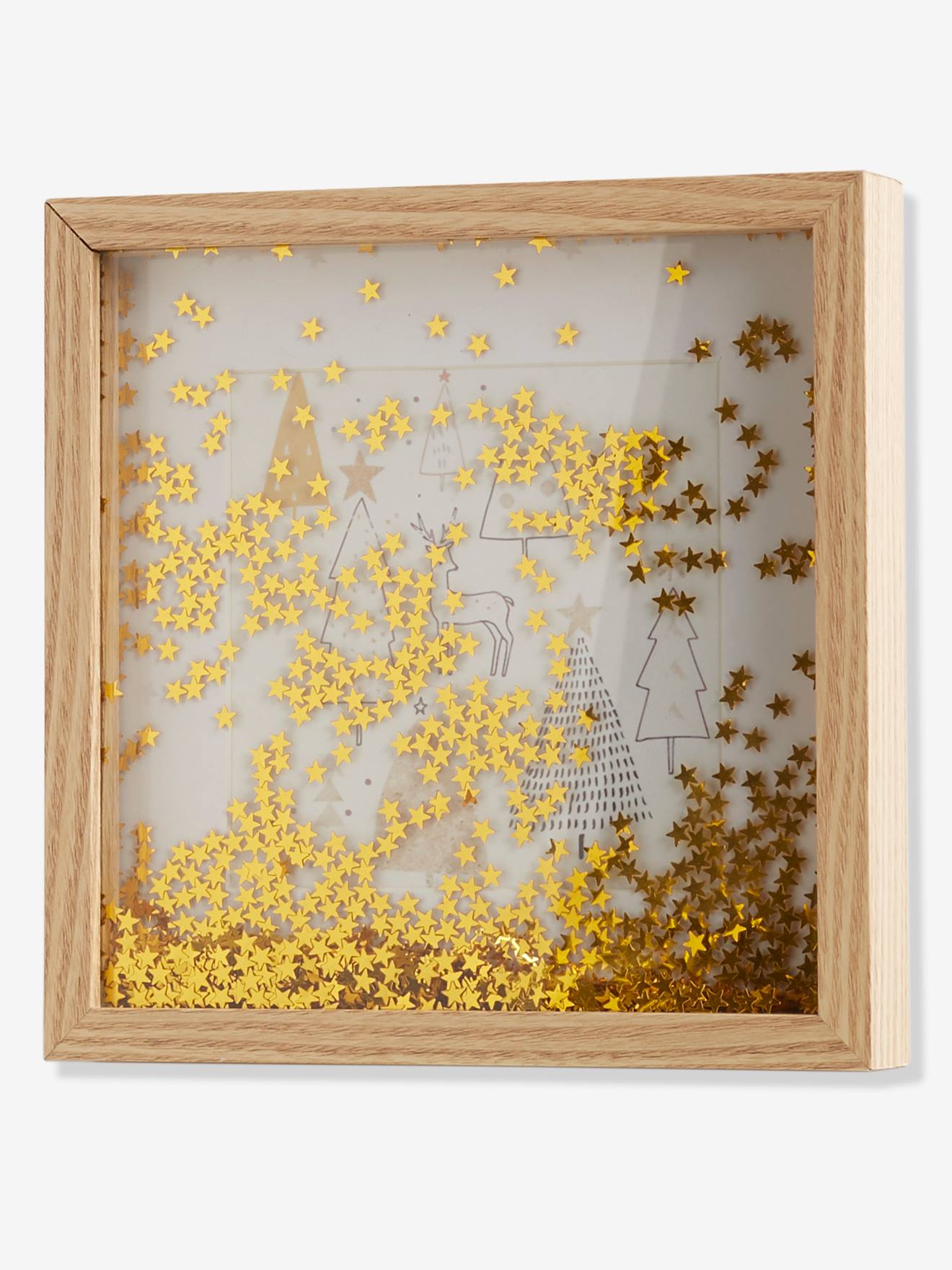 Imagem com árvore de Natal e detalhes lisos em glitter amarelo claro com motivo.