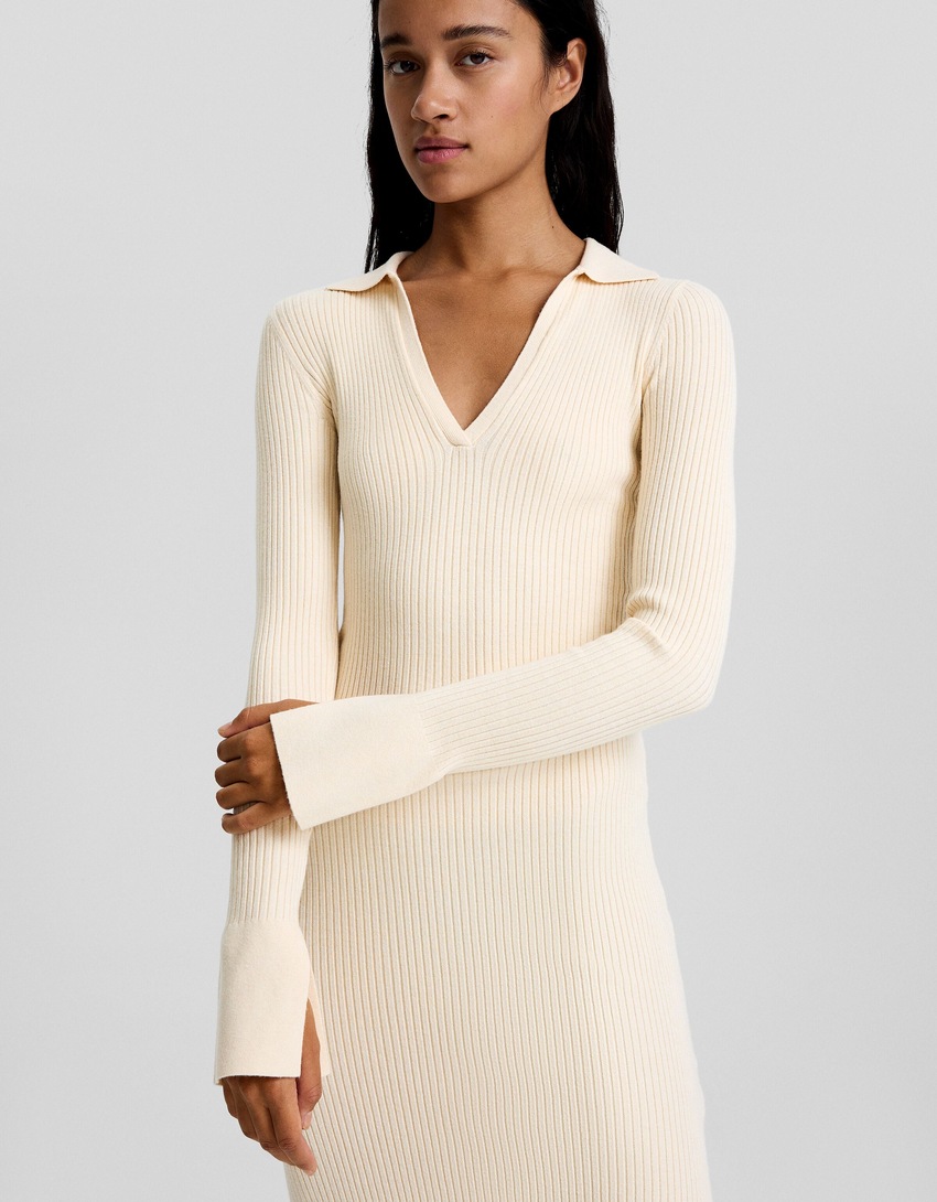 Vestido midi de manga comprida com gola polo