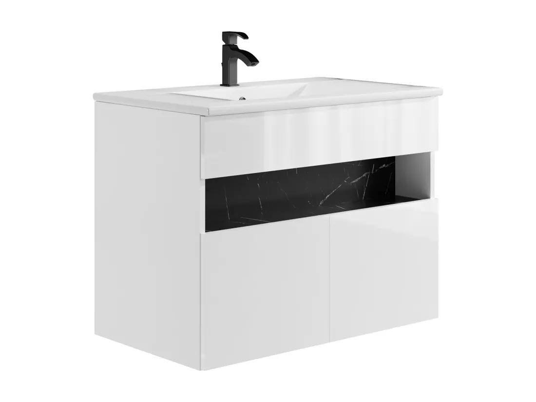 Meuble de salle de bain suspendu à LEDs avec vasque à encastrer - Blanc et noir effet marbre - L80 cm - POZEGA