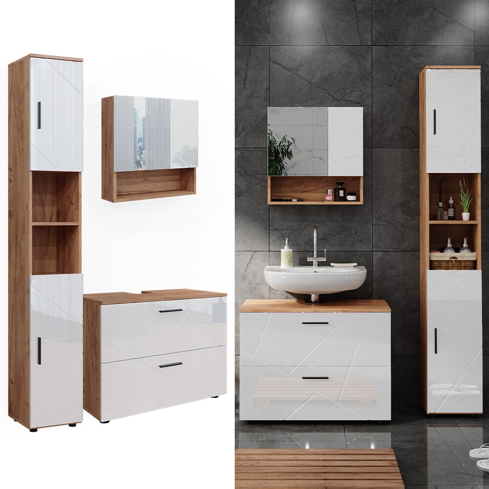 Vicco Badmöbelset Irma Eiche Weiß Hochglanz modern Badezimmerschrank Badschrank Badezimmermöbel Waschtischunterschrank Spiegelschrank Hochschrank Schrankschublade Schranktür Schrankfach
