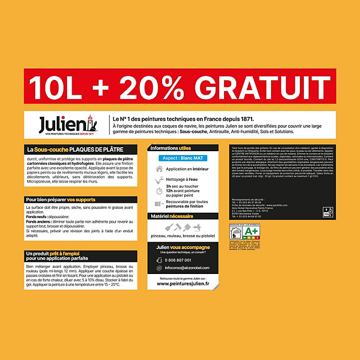 Sous-couche plaques de plâtre murs et plafonds pièces sèches Julien mat blanc 10L + 20% gratuit