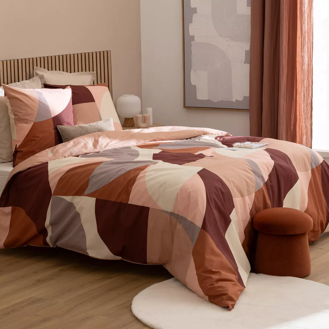 Housse de couette et deux taies percale de coton (260 x 240 cm) Tatia Terracotta