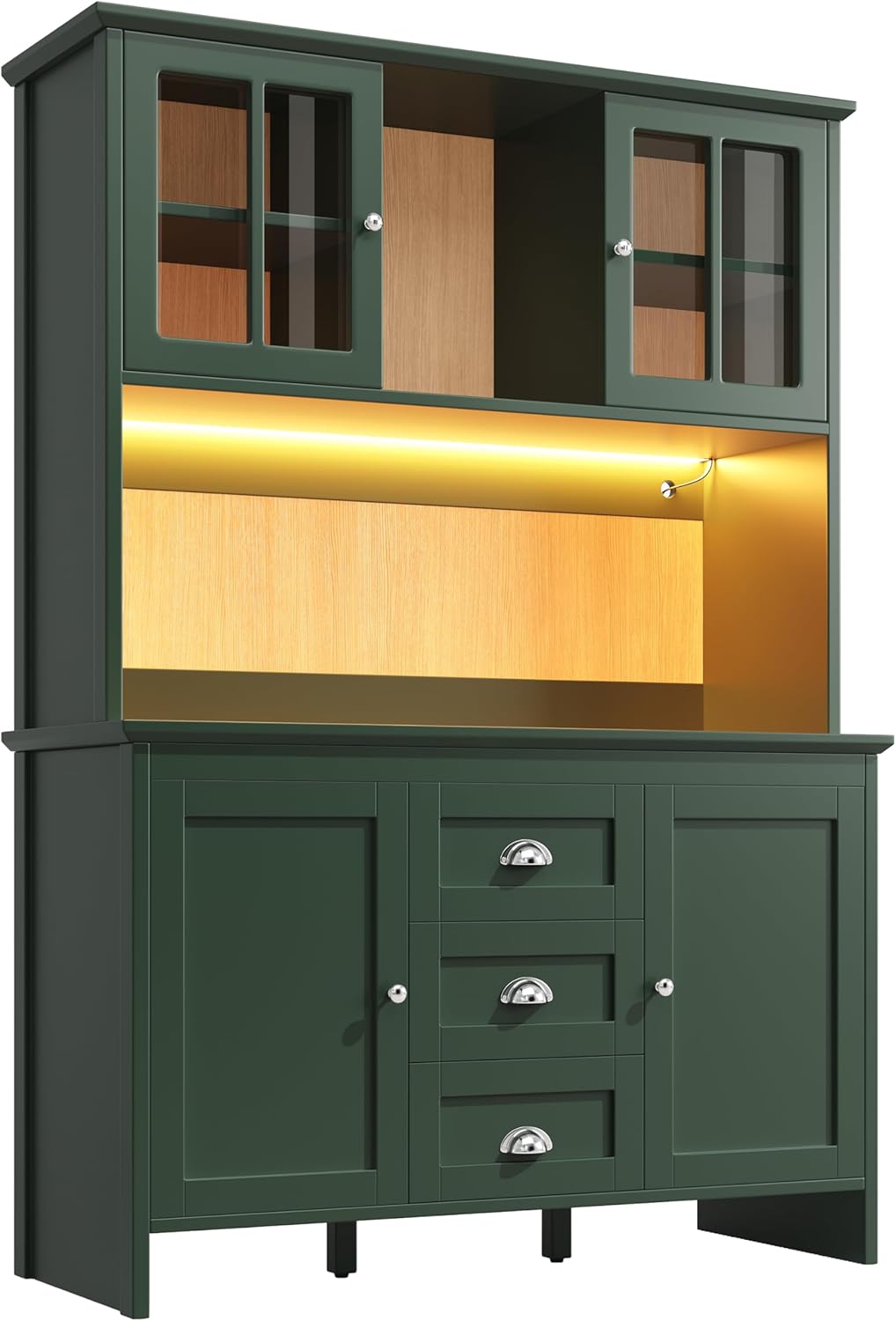 Buffetschrank, Hochschrank, Küchenschrank, Sideboards, mit Braunen Glastüren und LED-Beleuchtung, 4 Türen & 3 Schubladen, für Küchen Esszimmer, 120x40x179cm (Grün)