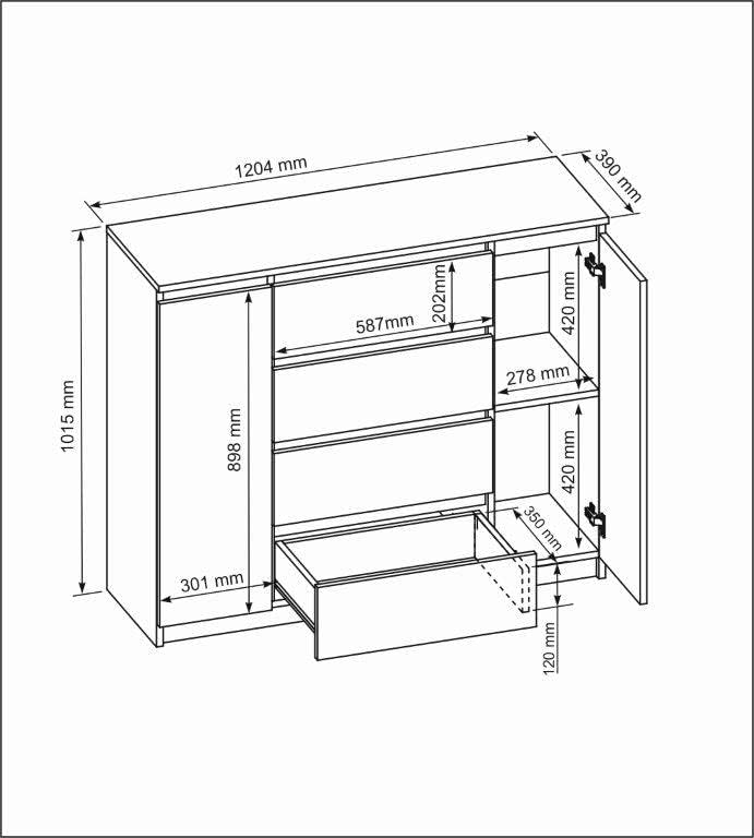 meble masztalerz Kommode Weiss mit 4 Schubladen und 2 Türen 120 cm, Sideboard Wohnzimmer, Schlafzimmer H: 101,5 cm, B: 120,4 cm, T: 39 cm, Kommode mit Schubladen, Schubladenschrank