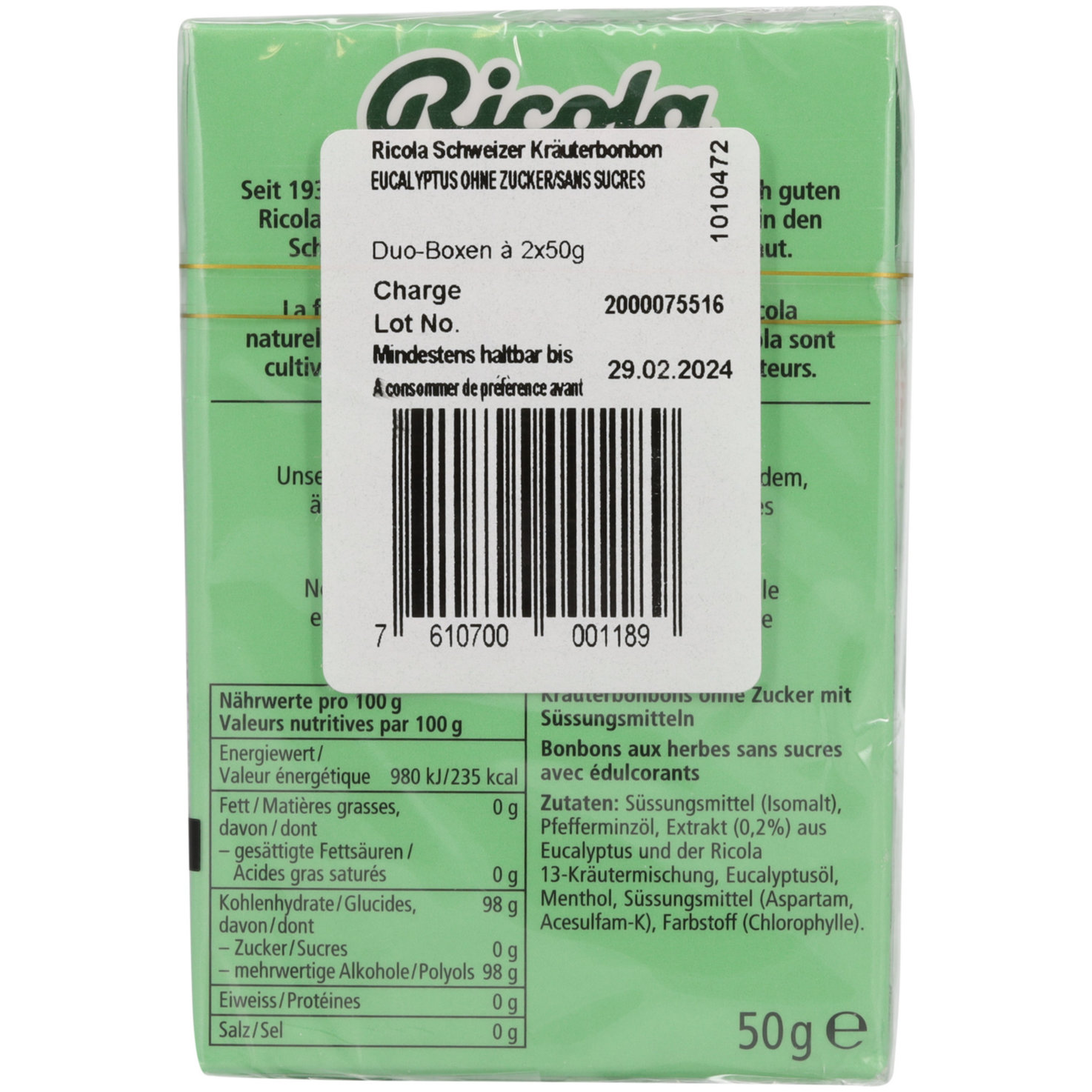 Ricola Bonbons Eucalyptus ohne Zuckerzusatz 2x50g