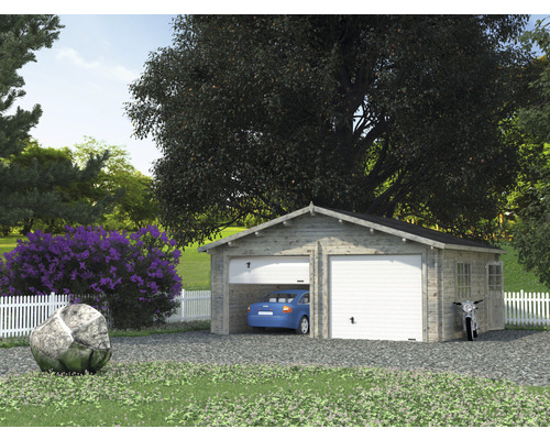 Dubbele garage Palmako Roger, 28,4 m², met sectionaaldeuren 575 x 510 cm, grijs gegrond.